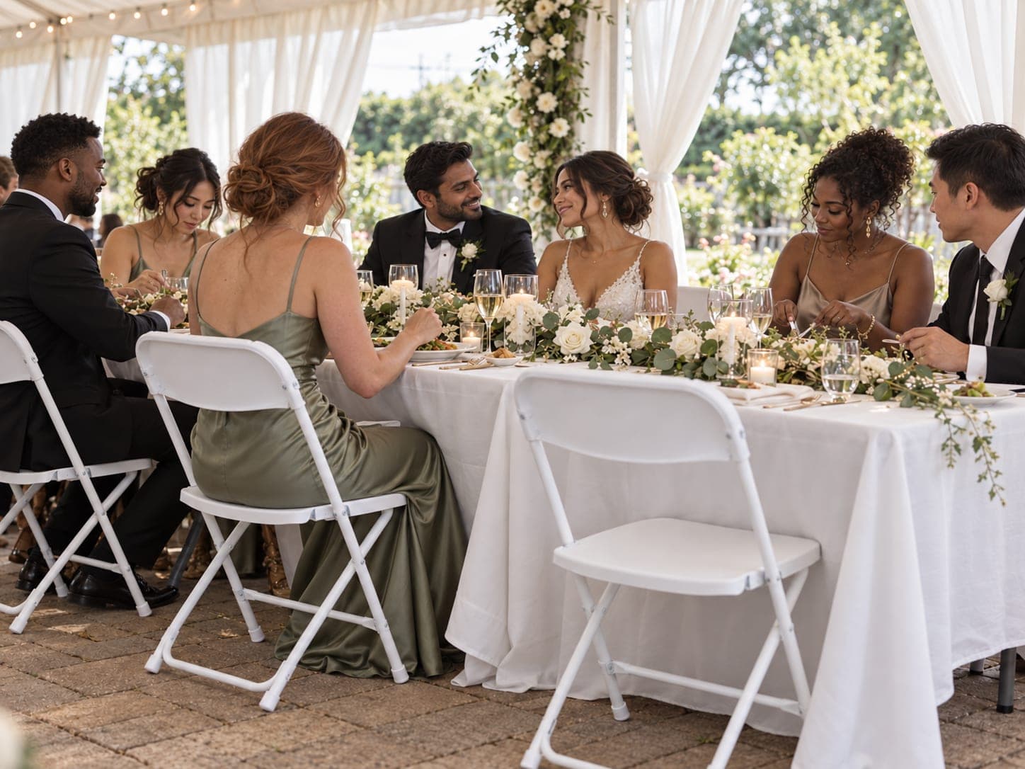 A long banquet table dressed in white linen, lined with white folding chairs under a marquee